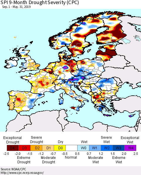 Europe SPI 9-Month Drought Severity (CPC) Thematic Map For 9/1/2018 - 5/31/2019