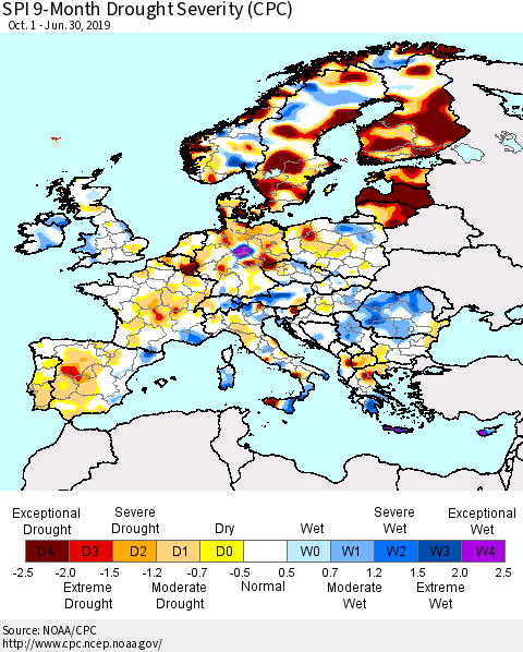Europe SPI 9-Month Drought Severity (CPC) Thematic Map For 10/1/2018 - 6/30/2019