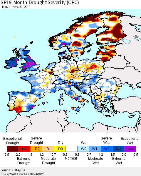 Europe SPI 9-Month Drought Severity (CPC) Thematic Map For 3/1/2019 - 11/30/2019
