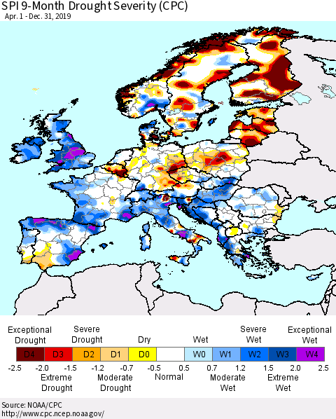 Europe SPI 9-Month Drought Severity (CPC) Thematic Map For 4/1/2019 - 12/31/2019