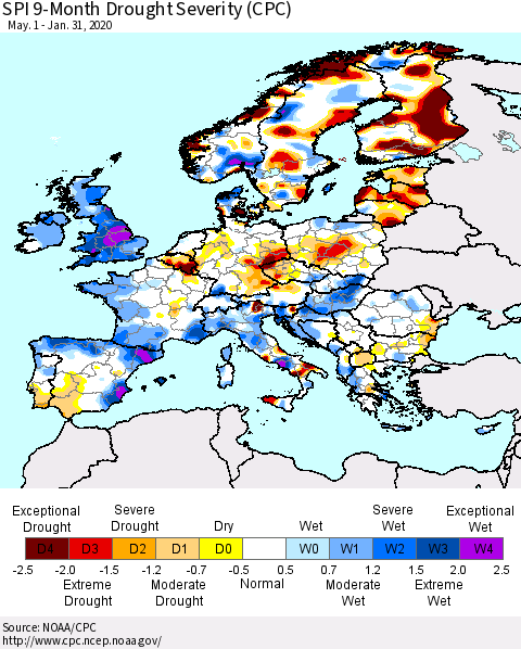 Europe SPI 9-Month Drought Severity (CPC) Thematic Map For 5/1/2019 - 1/31/2020