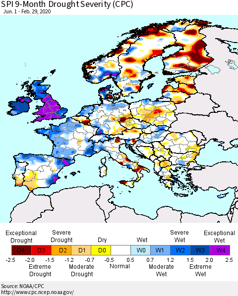 Europe SPI 9-Month Drought Severity (CPC) Thematic Map For 6/1/2019 - 2/29/2020