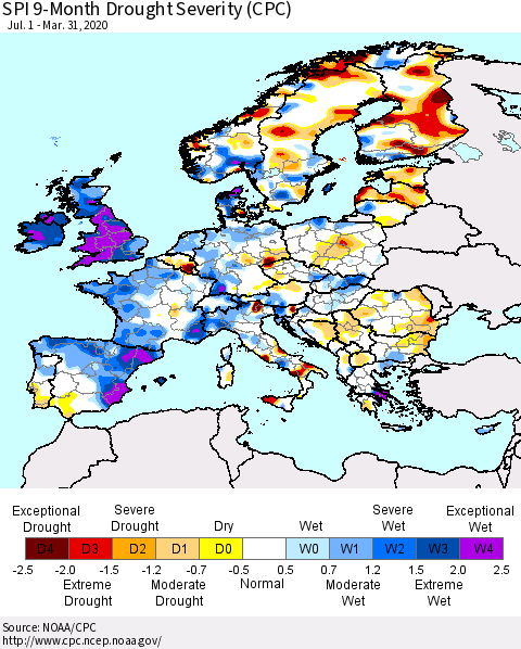 Europe SPI 9-Month Drought Severity (CPC) Thematic Map For 7/1/2019 - 3/31/2020