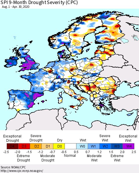 Europe SPI 9-Month Drought Severity (CPC) Thematic Map For 8/1/2019 - 4/30/2020