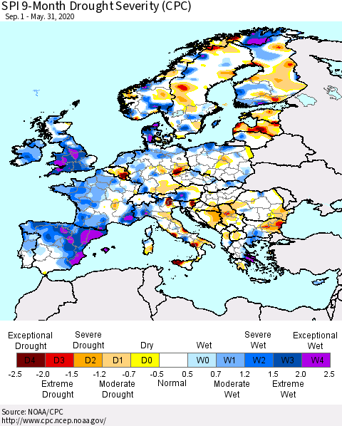 Europe SPI 9-Month Drought Severity (CPC) Thematic Map For 9/1/2019 - 5/31/2020