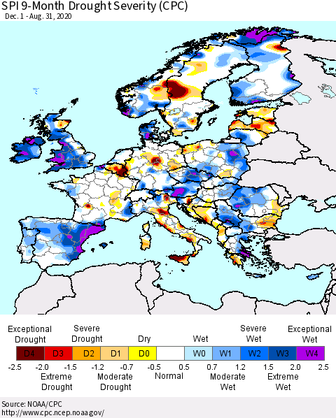 Europe SPI 9-Month Drought Severity (CPC) Thematic Map For 12/1/2019 - 8/31/2020