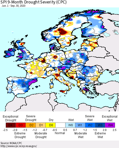 Europe SPI 9-Month Drought Severity (CPC) Thematic Map For 1/1/2020 - 9/30/2020