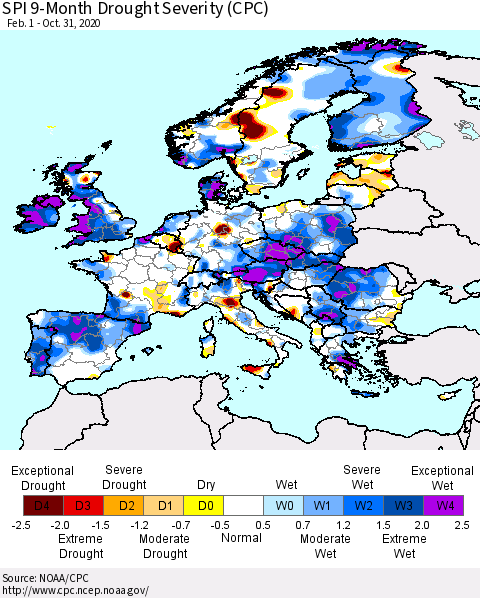 Europe SPI 9-Month Drought Severity (CPC) Thematic Map For 2/1/2020 - 10/31/2020