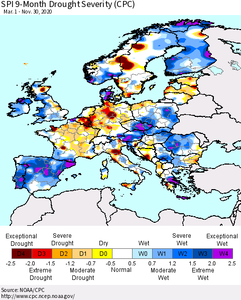 Europe SPI 9-Month Drought Severity (CPC) Thematic Map For 3/1/2020 - 11/30/2020