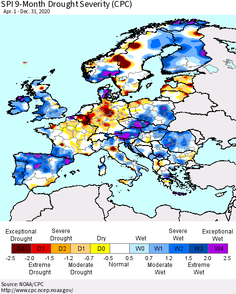Europe SPI 9-Month Drought Severity (CPC) Thematic Map For 4/1/2020 - 12/31/2020