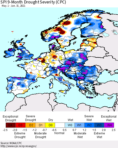 Europe SPI 9-Month Drought Severity (CPC) Thematic Map For 5/1/2020 - 1/31/2021