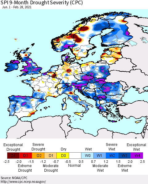 Europe SPI 9-Month Drought Severity (CPC) Thematic Map For 6/1/2020 - 2/28/2021