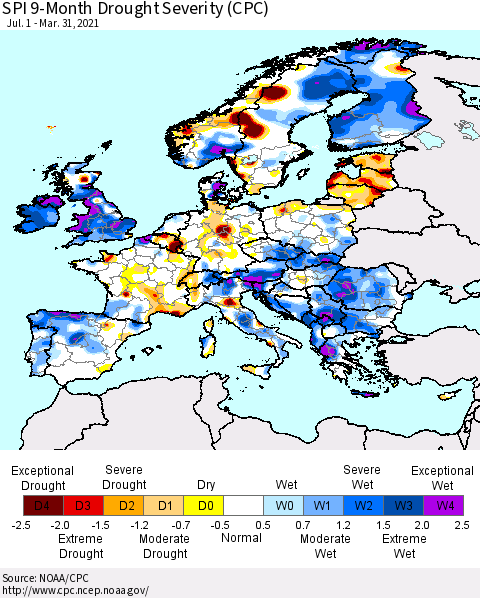 Europe SPI 9-Month Drought Severity (CPC) Thematic Map For 7/1/2020 - 3/31/2021