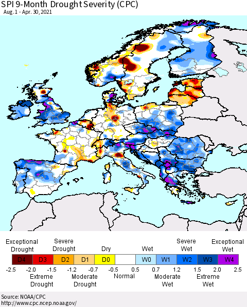 Europe SPI 9-Month Drought Severity (CPC) Thematic Map For 8/1/2020 - 4/30/2021