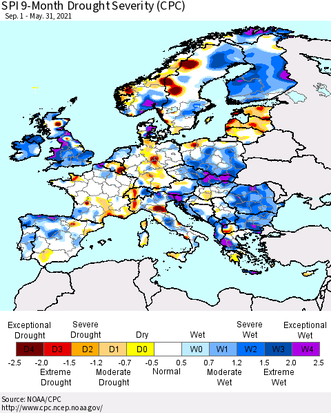 Europe SPI 9-Month Drought Severity (CPC) Thematic Map For 9/1/2020 - 5/31/2021