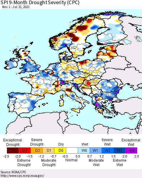 Europe SPI 9-Month Drought Severity (CPC) Thematic Map For 11/1/2020 - 7/31/2021