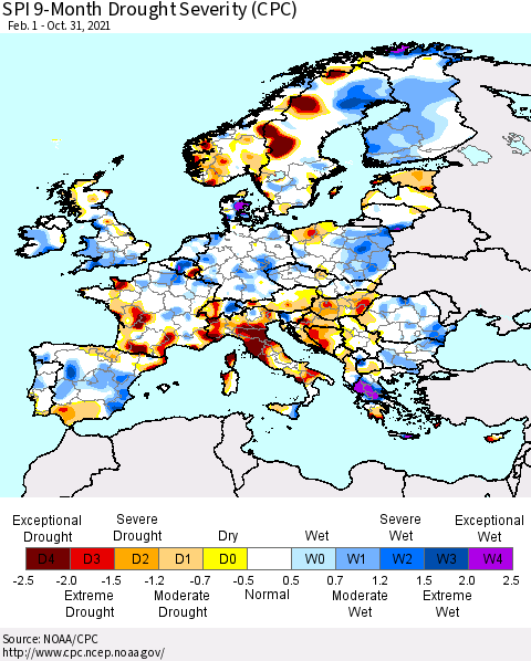 Europe SPI 9-Month Drought Severity (CPC) Thematic Map For 2/1/2021 - 10/31/2021
