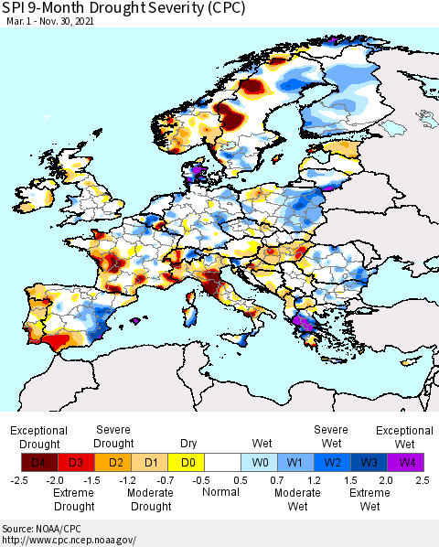 Europe SPI 9-Month Drought Severity (CPC) Thematic Map For 3/1/2021 - 11/30/2021