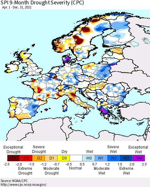 Europe SPI 9-Month Drought Severity (CPC) Thematic Map For 4/1/2021 - 12/31/2021