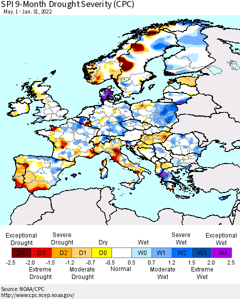 Europe SPI 9-Month Drought Severity (CPC) Thematic Map For 5/1/2021 - 1/31/2022