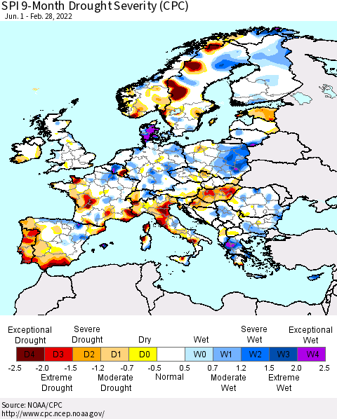 Europe SPI 9-Month Drought Severity (CPC) Thematic Map For 6/1/2021 - 2/28/2022