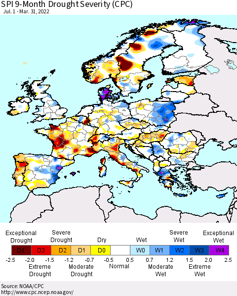 Europe SPI 9-Month Drought Severity (CPC) Thematic Map For 7/1/2021 - 3/31/2022