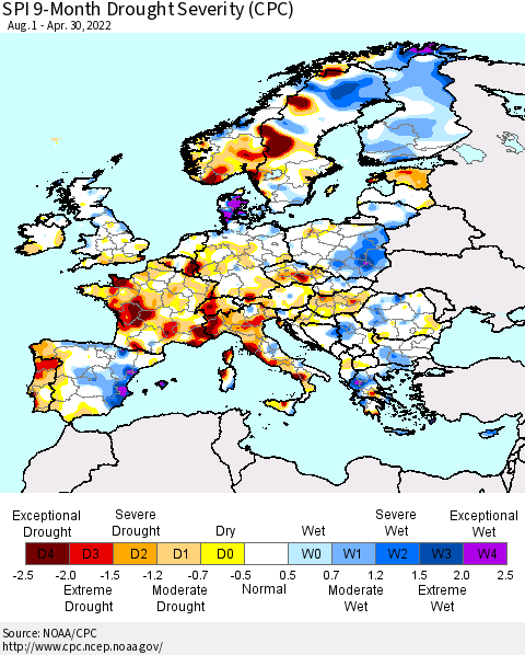Europe SPI 9-Month Drought Severity (CPC) Thematic Map For 8/1/2021 - 4/30/2022