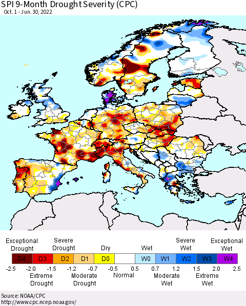 Europe SPI 9-Month Drought Severity (CPC) Thematic Map For 10/1/2021 - 6/30/2022