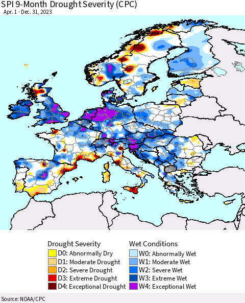 Europe SPI 9-Month Drought Severity (CPC) Thematic Map For 4/1/2023 - 12/31/2023