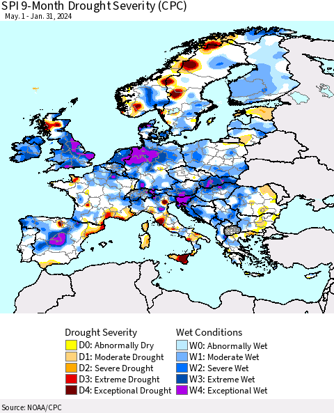 Europe SPI 9-Month Drought Severity (CPC) Thematic Map For 5/1/2023 - 1/31/2024