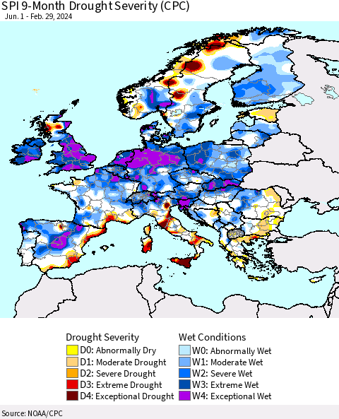 Europe SPI 9-Month Drought Severity (CPC) Thematic Map For 6/1/2023 - 2/29/2024
