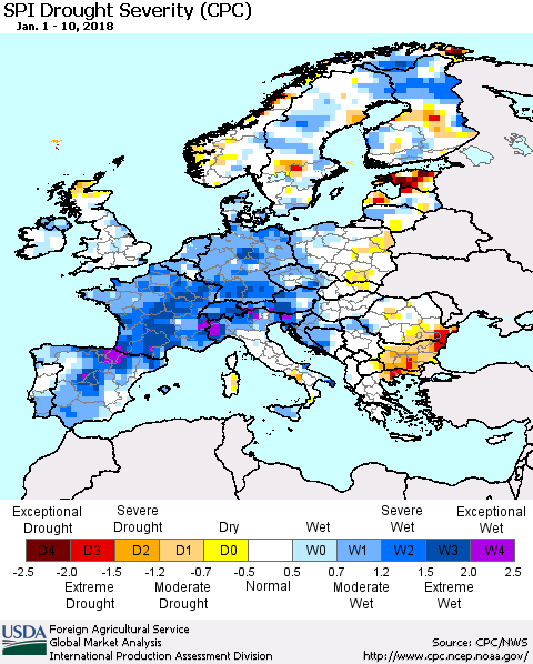 Europe SPI Drought Severity (CPC) Thematic Map For 1/1/2018 - 1/10/2018