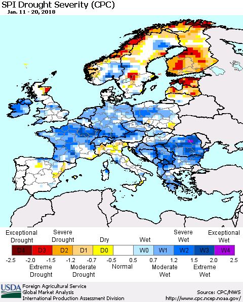 Europe SPI Drought Severity (CPC) Thematic Map For 1/11/2018 - 1/20/2018