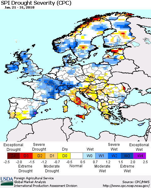 Europe SPI Drought Severity (CPC) Thematic Map For 1/21/2018 - 1/31/2018