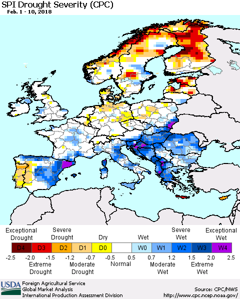 Europe SPI Drought Severity (CPC) Thematic Map For 2/1/2018 - 2/10/2018