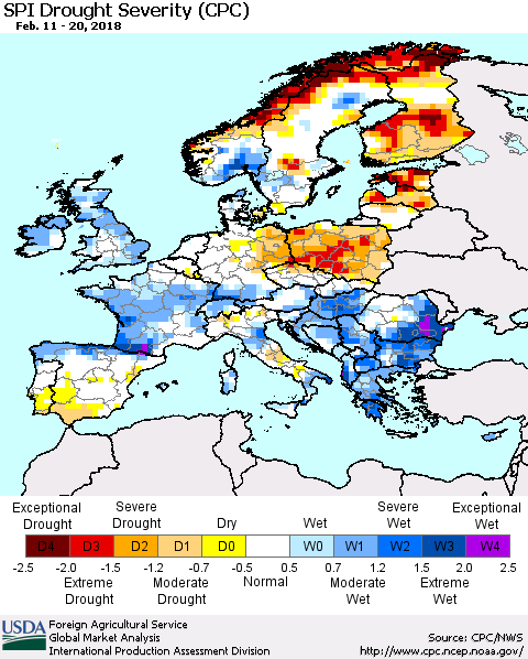 Europe SPI Drought Severity (CPC) Thematic Map For 2/11/2018 - 2/20/2018