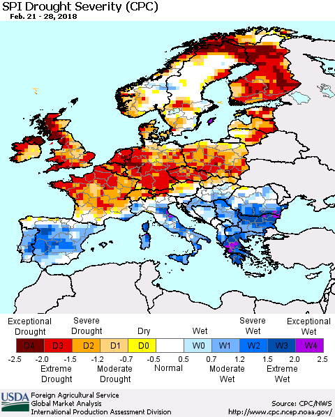 Europe SPI Drought Severity (CPC) Thematic Map For 2/21/2018 - 2/28/2018