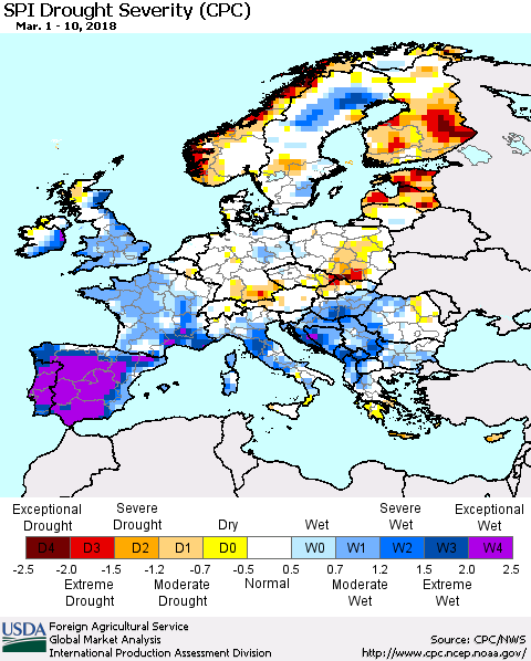 Europe SPI Drought Severity (CPC) Thematic Map For 3/1/2018 - 3/10/2018