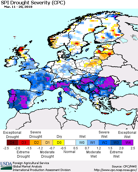 Europe SPI Drought Severity (CPC) Thematic Map For 3/11/2018 - 3/20/2018