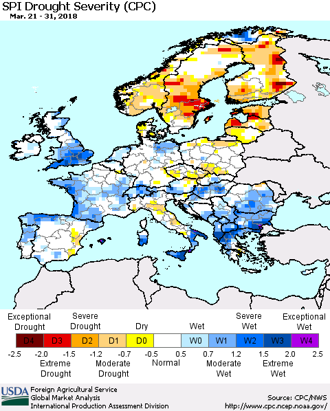Europe SPI Drought Severity (CPC) Thematic Map For 3/21/2018 - 3/31/2018
