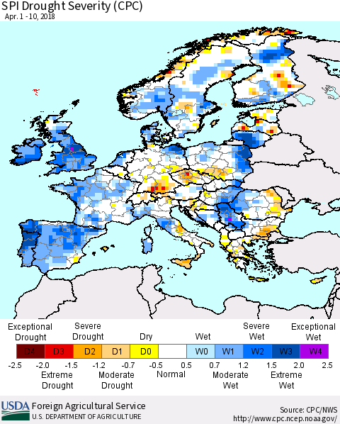 Europe SPI Drought Severity (CPC) Thematic Map For 4/1/2018 - 4/10/2018