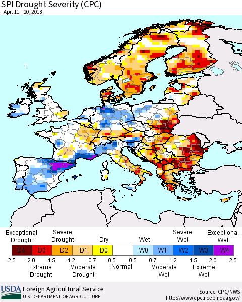 Europe SPI Drought Severity (CPC) Thematic Map For 4/11/2018 - 4/20/2018