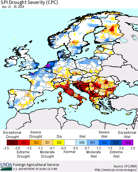 Europe SPI Drought Severity (CPC) Thematic Map For 4/21/2018 - 4/30/2018