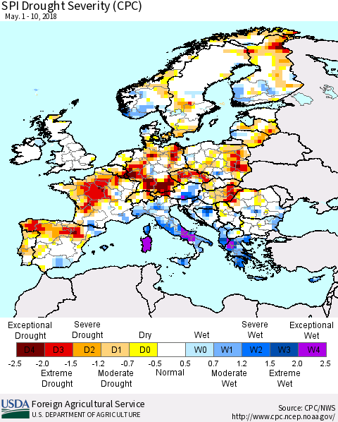 Europe SPI Drought Severity (CPC) Thematic Map For 5/1/2018 - 5/10/2018