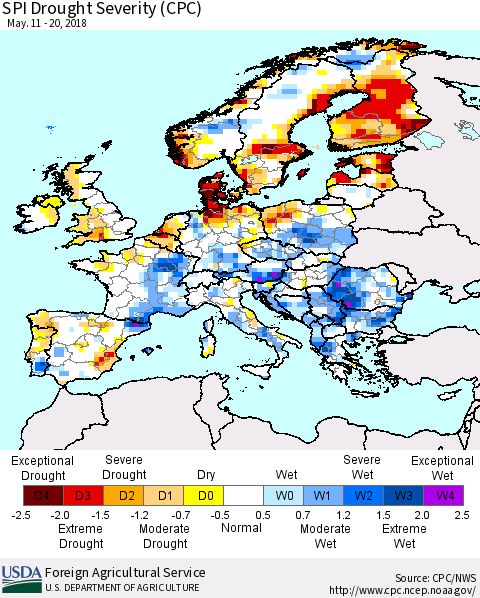 Europe SPI Drought Severity (CPC) Thematic Map For 5/11/2018 - 5/20/2018