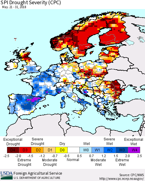 Europe SPI Drought Severity (CPC) Thematic Map For 5/21/2018 - 5/31/2018