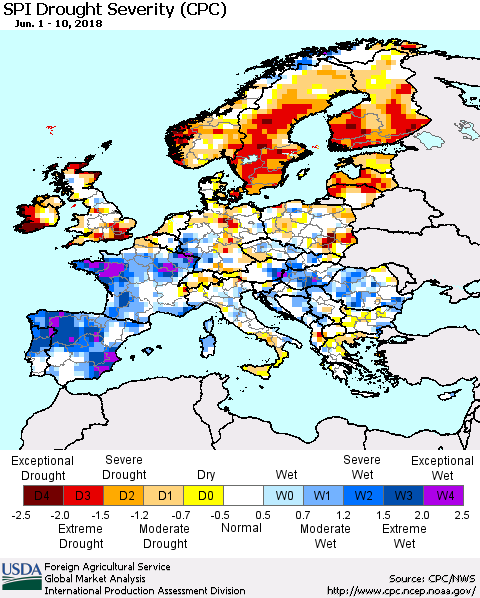 Europe SPI Drought Severity (CPC) Thematic Map For 6/1/2018 - 6/10/2018