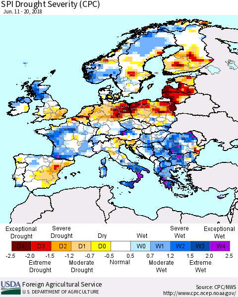 Europe SPI Drought Severity (CPC) Thematic Map For 6/11/2018 - 6/20/2018