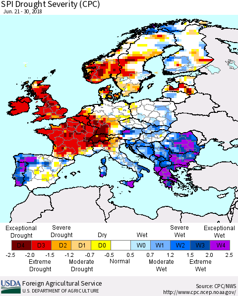 Europe SPI Drought Severity (CPC) Thematic Map For 6/21/2018 - 6/30/2018