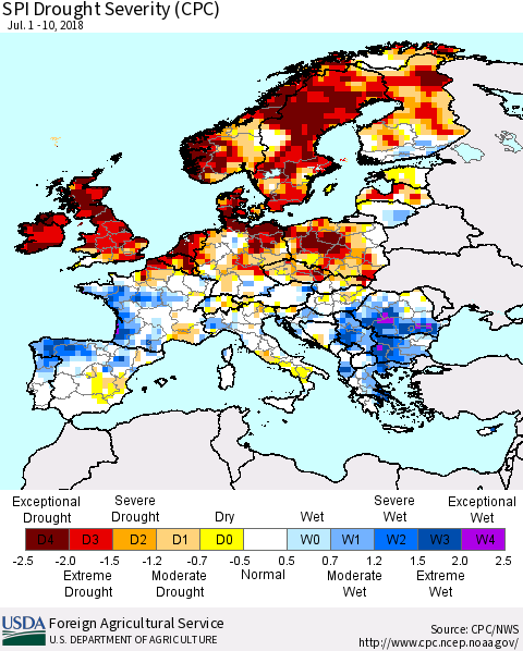 Europe SPI Drought Severity (CPC) Thematic Map For 7/1/2018 - 7/10/2018